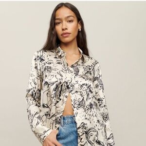 NWT Reformation Sky Silk Top Long Sleeve Button Down Abstract Doodle Vogue XS